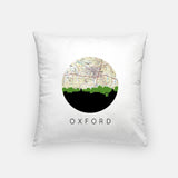 Oxford, Mississippi map and skyline pillow, a circular city map with the skyline in silhouette