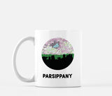 Parsippany, New Jersey map and skyline mug, a circular city map with the skyline in silhouette