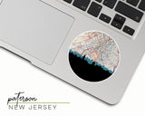Paterson, New Jersey map and skyline vinyl sticker, a circular city map with the skyline in silhouette