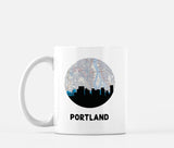 Portland, Oregon map and skyline mug, a circular city map with the skyline in silhouette