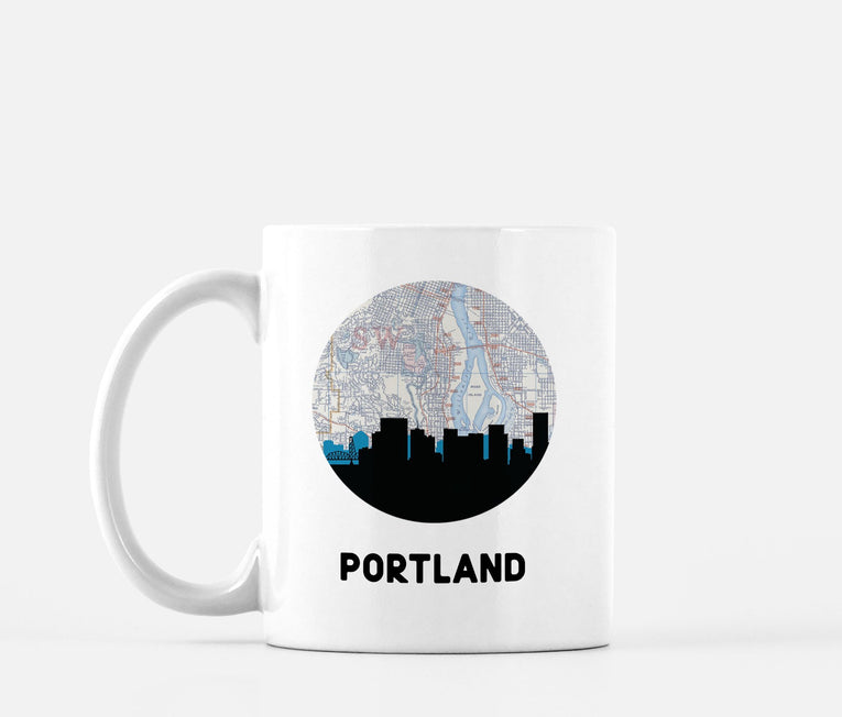 Portland, Oregon map and skyline mug, a circular city map with the skyline in silhouette