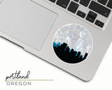 Portland, Oregon map and skyline vinyl sticker, a circular city map with the skyline in silhouette
