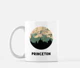 Princeton, New Jersey map and skyline mug, a circular city map with the skyline in silhouette