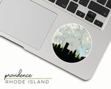 Providence, Rhode Island map and skyline vinyl sticker, a circular city map with the skyline in silhouette