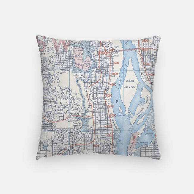 Back of the Portland, Oregon map and skyline pillow showing the full city map