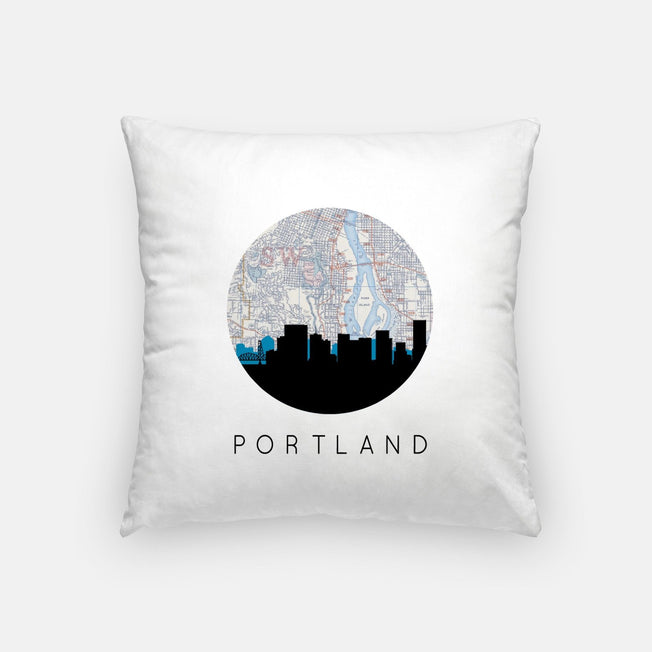 Portland, Oregon map and skyline pillow, a circular city map with the skyline in silhouette