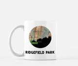 Ridgefield Park, New Jersey map and skyline mug, a circular city map with the skyline in silhouette