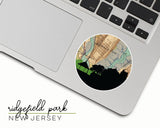 Ridgefield Park, New Jersey map and skyline vinyl sticker, a circular city map with the skyline in silhouette