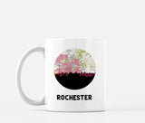 Rochester, Minnesota map and skyline mug, a circular city map with the skyline in silhouette