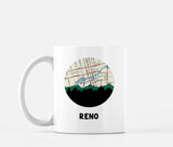 Reno, Nevada map and skyline mug, a circular city map with the skyline in silhouette