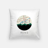 Reno, Nevada map and skyline pillow, a circular city map with the skyline in silhouette
