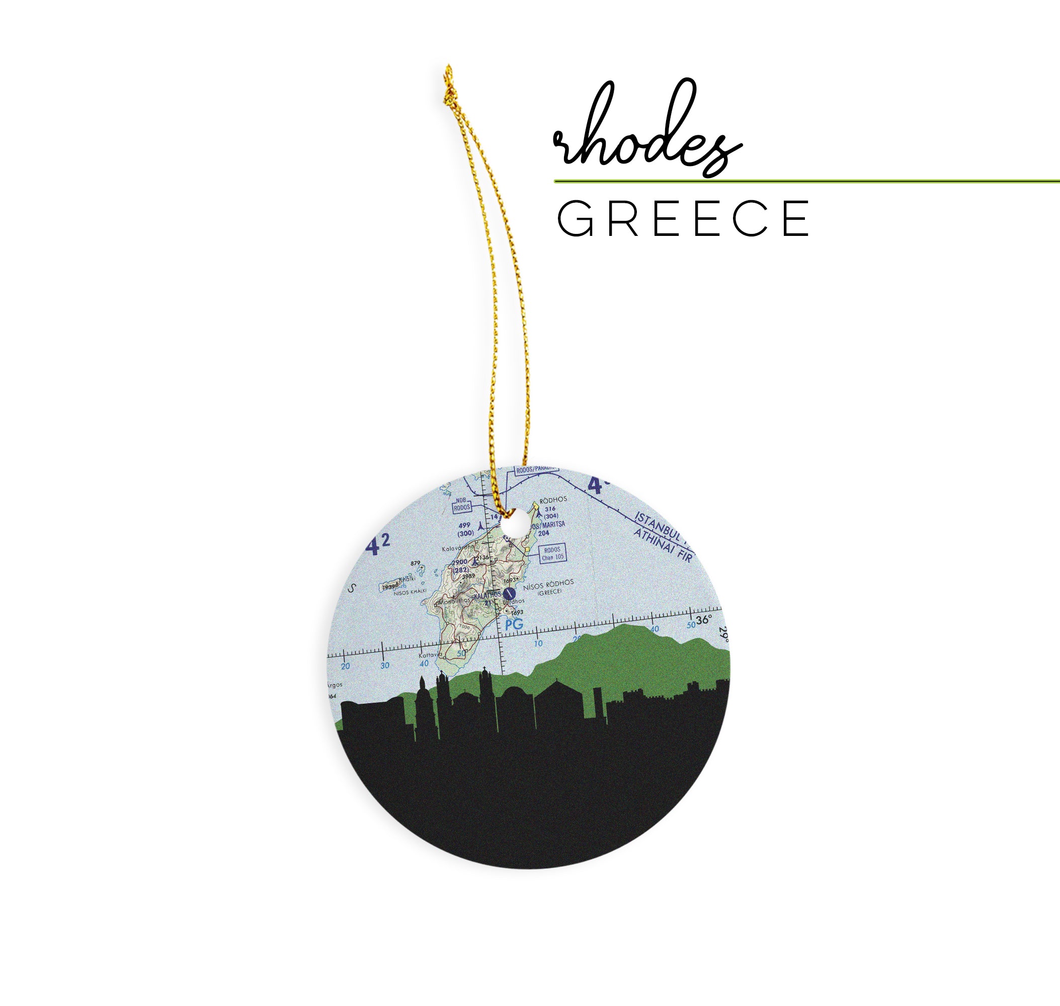 Rhodes, Greece city skyline with vintage Rhodes map