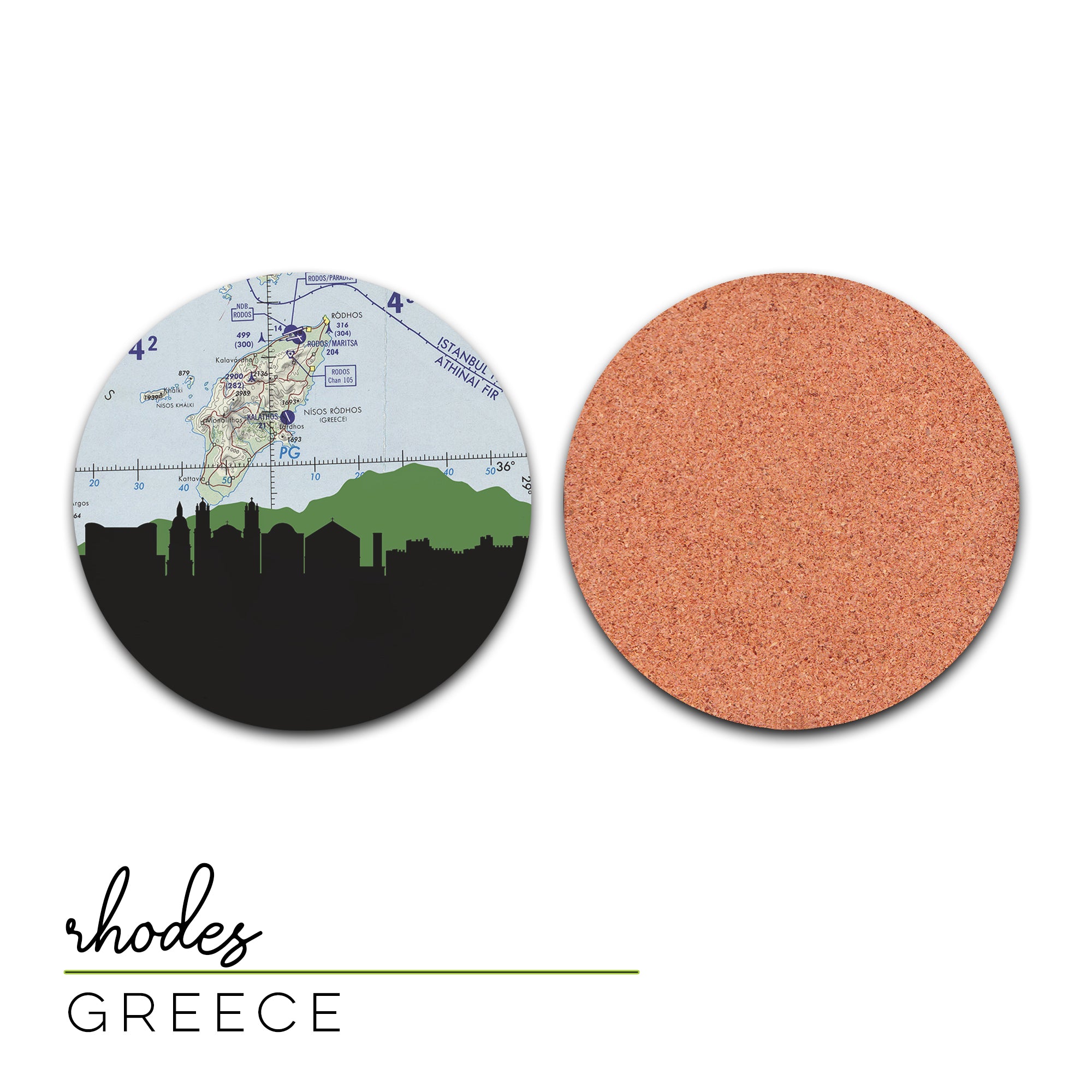 Rhodes, Greece city skyline with vintage Rhodes map