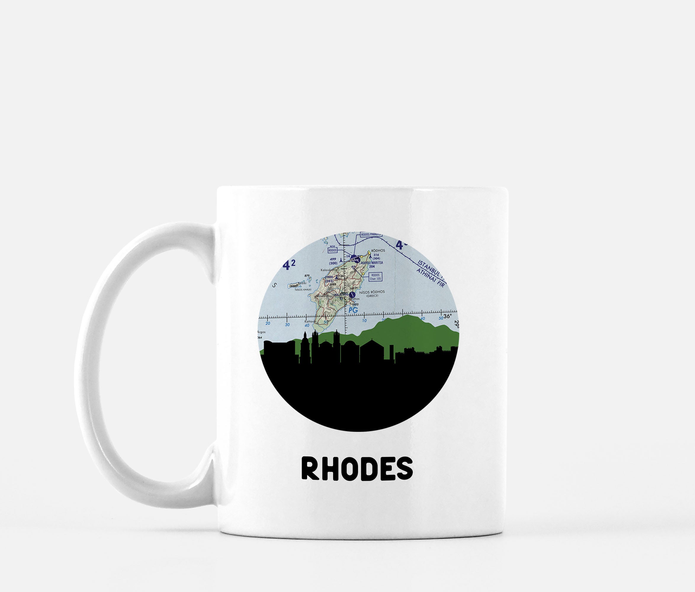 Rhodes, Greece city skyline with vintage Rhodes map