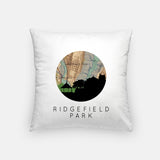 Ridgefield Park, New Jersey map and skyline pillow, a circular city map with the skyline in silhouette