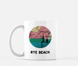Rye Beach, New Hampshire map and skyline mug, a circular city map with the skyline in silhouette