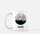 Salem, Oregon map and skyline mug, a circular city map with the skyline in silhouette