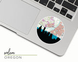 Salem, Oregon map and skyline vinyl sticker, a circular city map with the skyline in silhouette