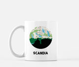 Scandia, Missouri map and skyline mug, a circular city map with the skyline in silhouette