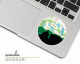 Scandia, Missouri map and skyline vinyl sticker, a circular city map with the skyline in silhouette