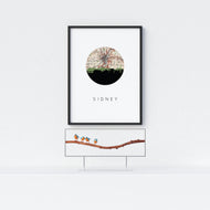 Sidney, Ohio map and skyline art print, a circular city map with the skyline in silhouette