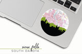 Sioux Falls, South Dakota map and skyline vinyl sticker, a circular city map with the skyline in silhouette