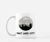 Salt Lake City, Utah map and skyline mug, a circular city map with the skyline in silhouette