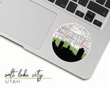 Salt Lake City, Utah map and skyline vinyl sticker, a circular city map with the skyline in silhouette