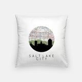 Salt Lake City, Utah map and skyline pillow, a circular city map with the skyline in silhouette