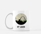 St Louis, Missouri map and skyline mug, a circular city map with the skyline in silhouette