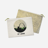 St Louis, Missouri map and skyline zipper pouch, a circular city map with the skyline in silhouette