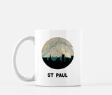 St Paul, Minnesota map and skyline mug, a circular city map with the skyline in silhouette