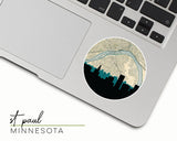 St Paul, Minnesota map and skyline vinyl sticker, a circular city map with the skyline in silhouette