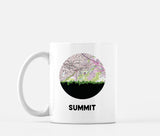 Summit, New Jersey map and skyline mug, a circular city map with the skyline in silhouette