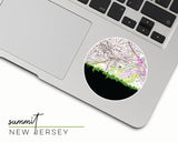 Summit, New Jersey map and skyline vinyl sticker, a circular city map with the skyline in silhouette
