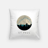 St Paul, Minnesota map and skyline pillow, a circular city map with the skyline in silhouette