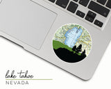 Lake Tahoe, Nevada map and skyline vinyl sticker, a circular city map with the skyline in silhouette