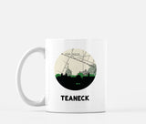Teaneck, New Jersey map and skyline mug, a circular city map with the skyline in silhouette