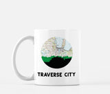 Traverse City, Michigan map and skyline mug, a circular city map with the skyline in silhouette