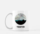 Trenton, New Jersey map and skyline mug, a circular city map with the skyline in silhouette