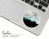 Trenton, New Jersey map and skyline vinyl sticker, a circular city map with the skyline in silhouette