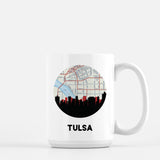 Tulsa, Oklahoma map and skyline mug, a circular city map with the skyline in silhouette