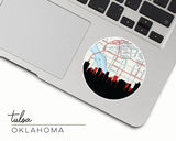 Tulsa, Oklahoma map and skyline vinyl sticker, a circular city map with the skyline in silhouette