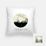 Teaneck, New Jersey map and skyline pillow, a circular city map with the skyline in silhouette