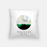 Traverse City, Michigan map and skyline pillow, a circular city map with the skyline in silhouette