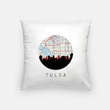 Tulsa, Oklahoma map and skyline pillow, a circular city map with the skyline in silhouette