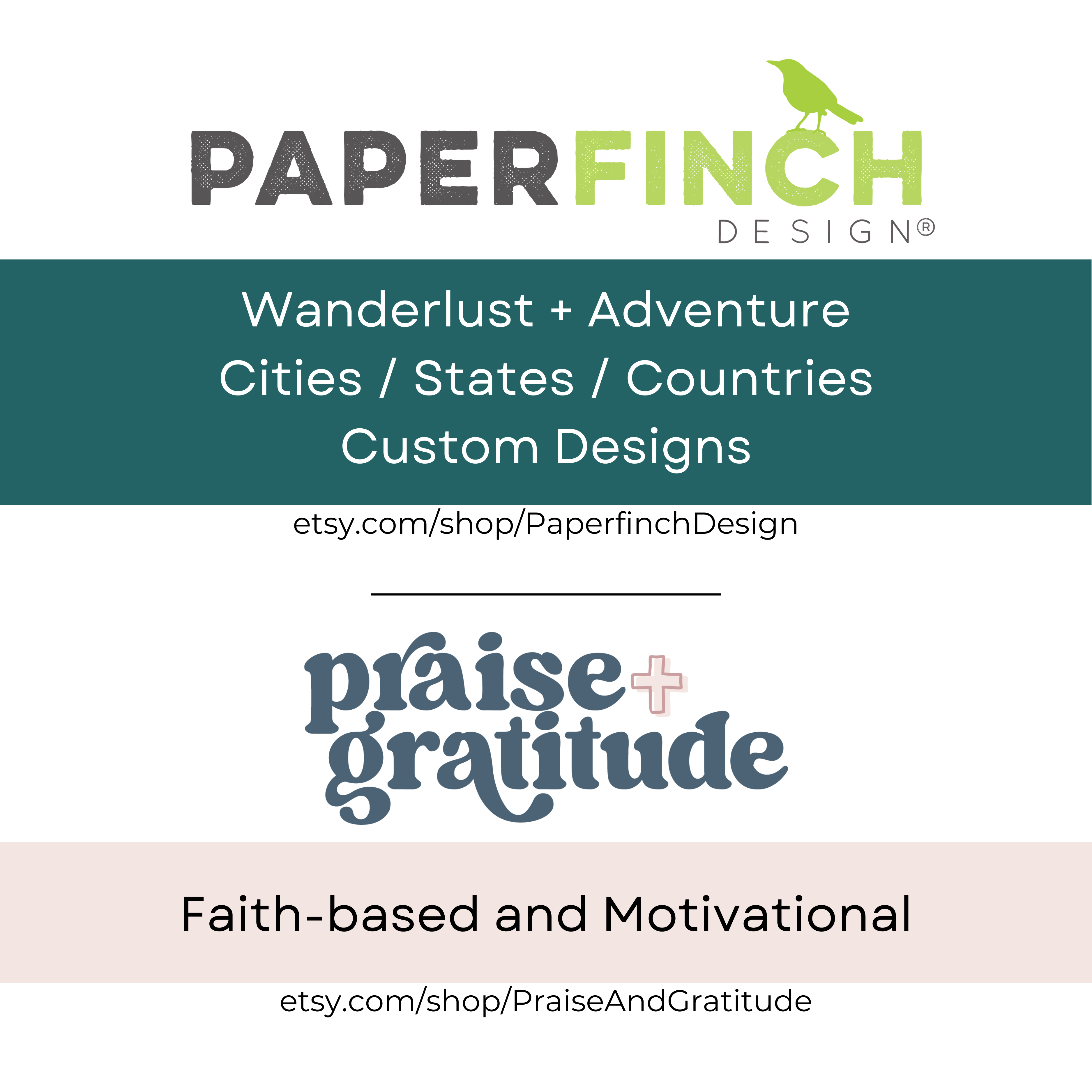 Promotional graphic for Paper Finch Design and Praise + Gratitude with brand name and product categories on a white background.