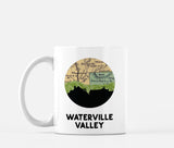 Waterville Valley, New Hampshire map and skyline mug, a circular city map with the skyline in silhouette