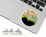 Waterville Valley, New Hampshire map and skyline vinyl sticker, a circular city map with the skyline in silhouette
