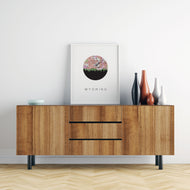 Wyoming, Ohio map and skyline art print, a circular city map with the skyline in silhouette